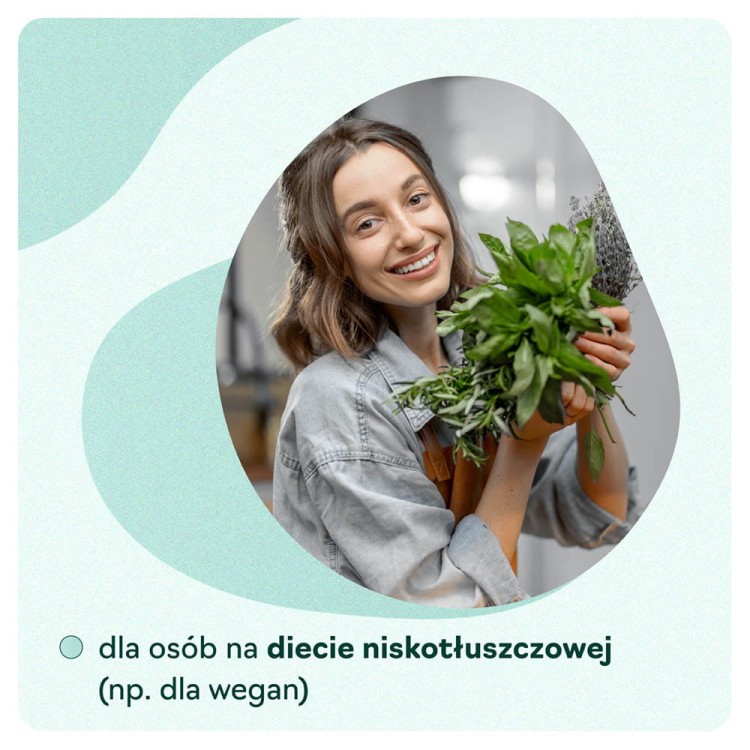 Idealny wybór dla wegan i osób na diecie niskotłuszczowej. Suplement diety z czystym składem, bez składników pochodzenia zwierzęcego i zbędnych wypełniaczy.