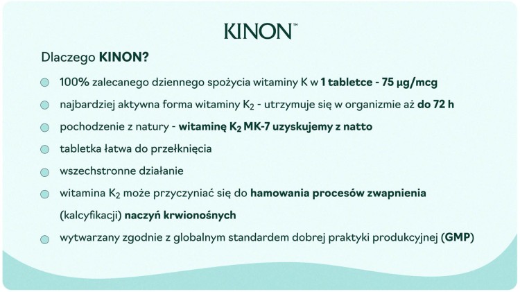 Zalety witaminy Kinon: 100% dziennego zapotrzebowania K2 MK-7 z natto w 1 tabletce. Aktywność do 72h, wsparcie naczyń krwionośnych i standard produkcji GMP.