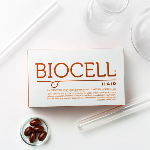 Biocell Hair – suplement diety na zdrowe włosy i skórę. Zawiera palmę sabałową, wiesiołek oraz witaminy A i E. Opakowanie 30 miękkich kapsułek wspierających porost włosów.