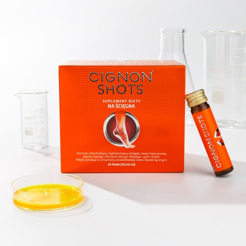Cignon Shots – suplement diety na ścięgna z kolagenem i kwasem hialuronowym. Opakowanie 20 fiolek (shotów) wspierających tkankę łączną.
