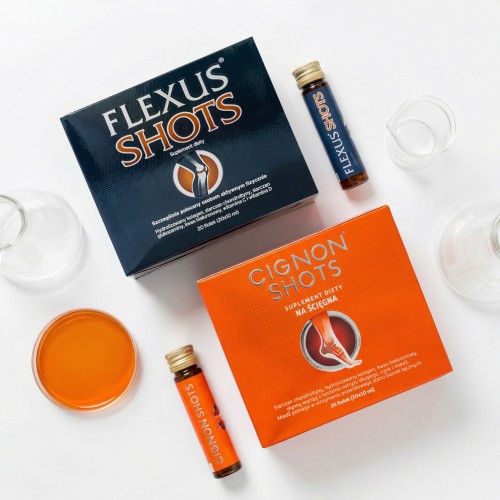 Profesjonalne wsparcie układu ruchu: Flexus Shots i Cignon Shots. Suplementy w formie fiolek zawierające kolagen, kwas hialuronowy oraz witaminę C, która pomaga w prawidłowej produkcji kolagenu w celu zapewnienia prawidłowego funkcjonowania chrząstki.