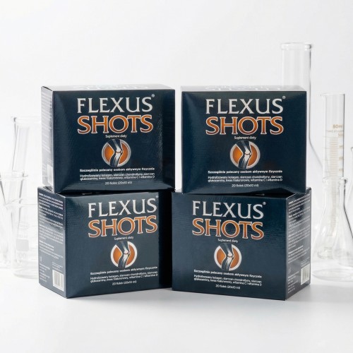 Flexus Shots – kompleksowy suplement na stawy dla osób aktywnych. Zawiera hydrolizowany kolagen, siarczan glukozaminy i chondroityny oraz witaminy C i D.