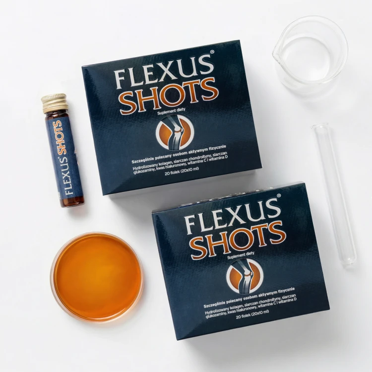 Flexus Shots – kompleksowy suplement na stawy dla osób aktywnych. Zawiera hydrolizowany kolagen, siarczan glukozaminy i chondroityny oraz witaminy C i D.