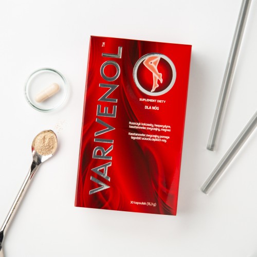 Varivenol – suplement diety na nogi z ruszczykiem, kasztanowcem i hesperydyną. Pomaga łagodzić uczucie ciężkich nóg i wspiera krążenie żylne. Opakowanie 30 kapsułek.