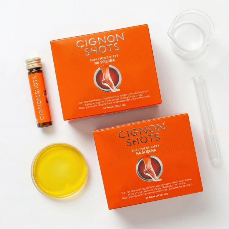 Zestaw 2 opakowań Cignon Shots - suplementu diety z manganem i miedzią, które pomagają w prawidłowym tworzeniu tkanek łącznych. Formuła w fiolkach zawierająca kolagen i kwas hialuronowy dla wsparcia organizmu.