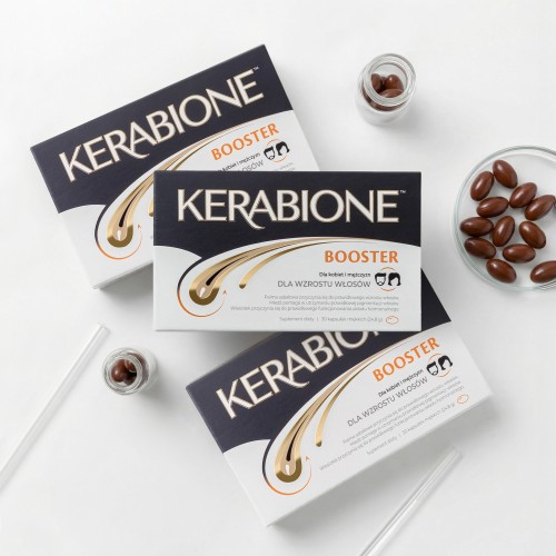 Kerabione Booster w zestawie 3 opakowań. Suplement diety z biotyną, selenem i cynkiem, które pomagają zachować zdrowe włosy. Zawiera palmę sabałową i miedź wspierającą pigmentację.