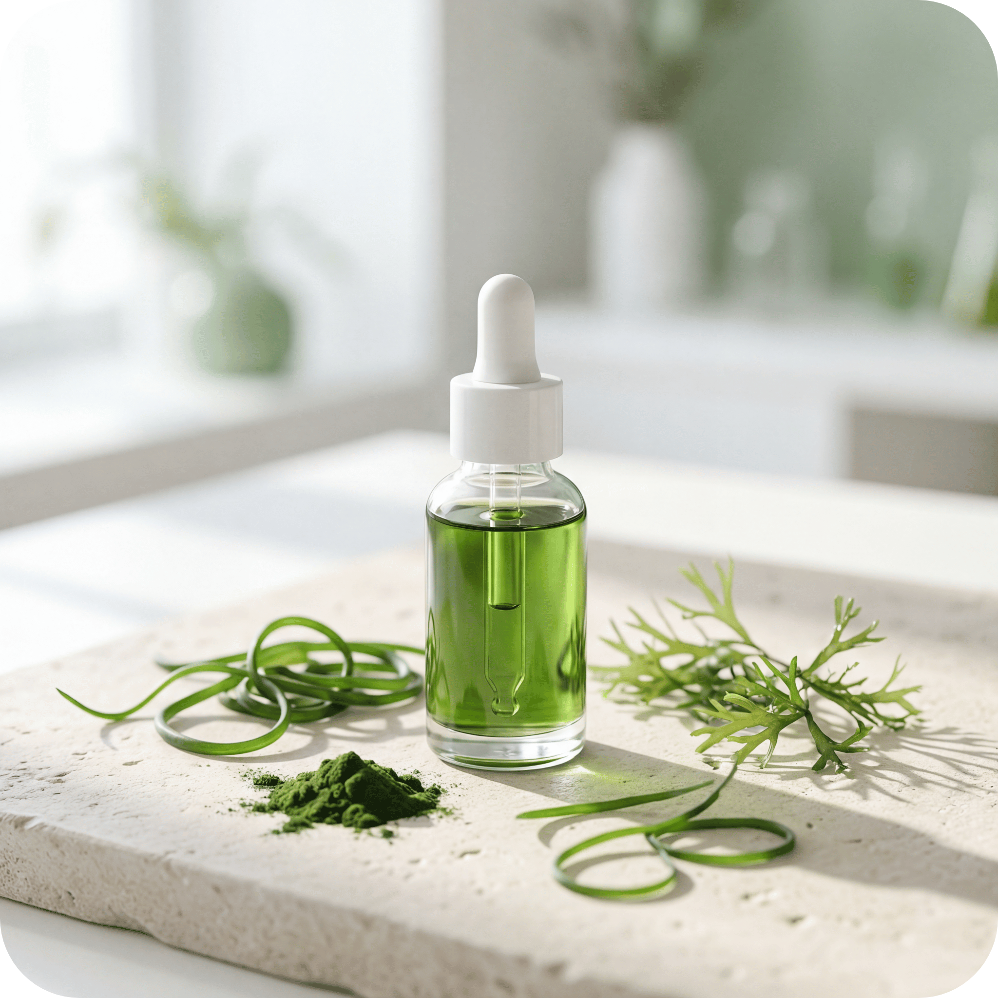Butelka z olejem z alg (omega-3) z pipetą, otoczona świeżymi algami i spiruliną – roślinne źródło DHA i EPA wspierające serce i mózg.
