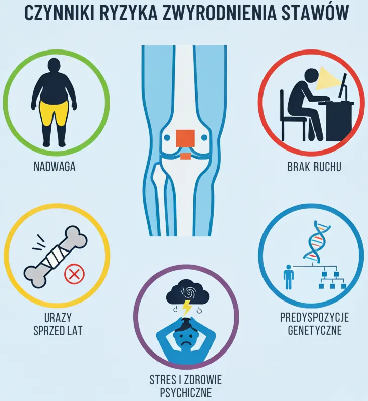 Infografika przedstawiająca czynniki ryzyka zwyrodnienia stawów nadwaga, brak ruchu, urazy z przeszłości, stres i problemy ze zdrowiem psychicznym oraz predyspozycje genetyczne. W centrum schemat stawu kolanowego z zaznaczonym obszarem zmian zwyrodnieniowych.