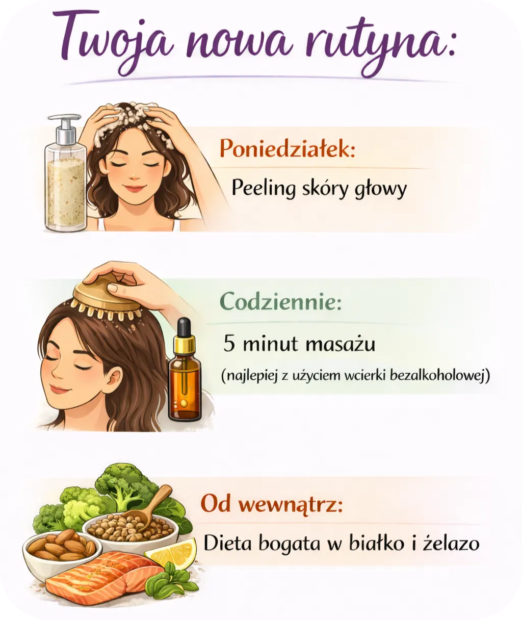 Infografika przedstawiająca rutynę pielęgnacji skóry głowy i dietę wspierającą włosy.