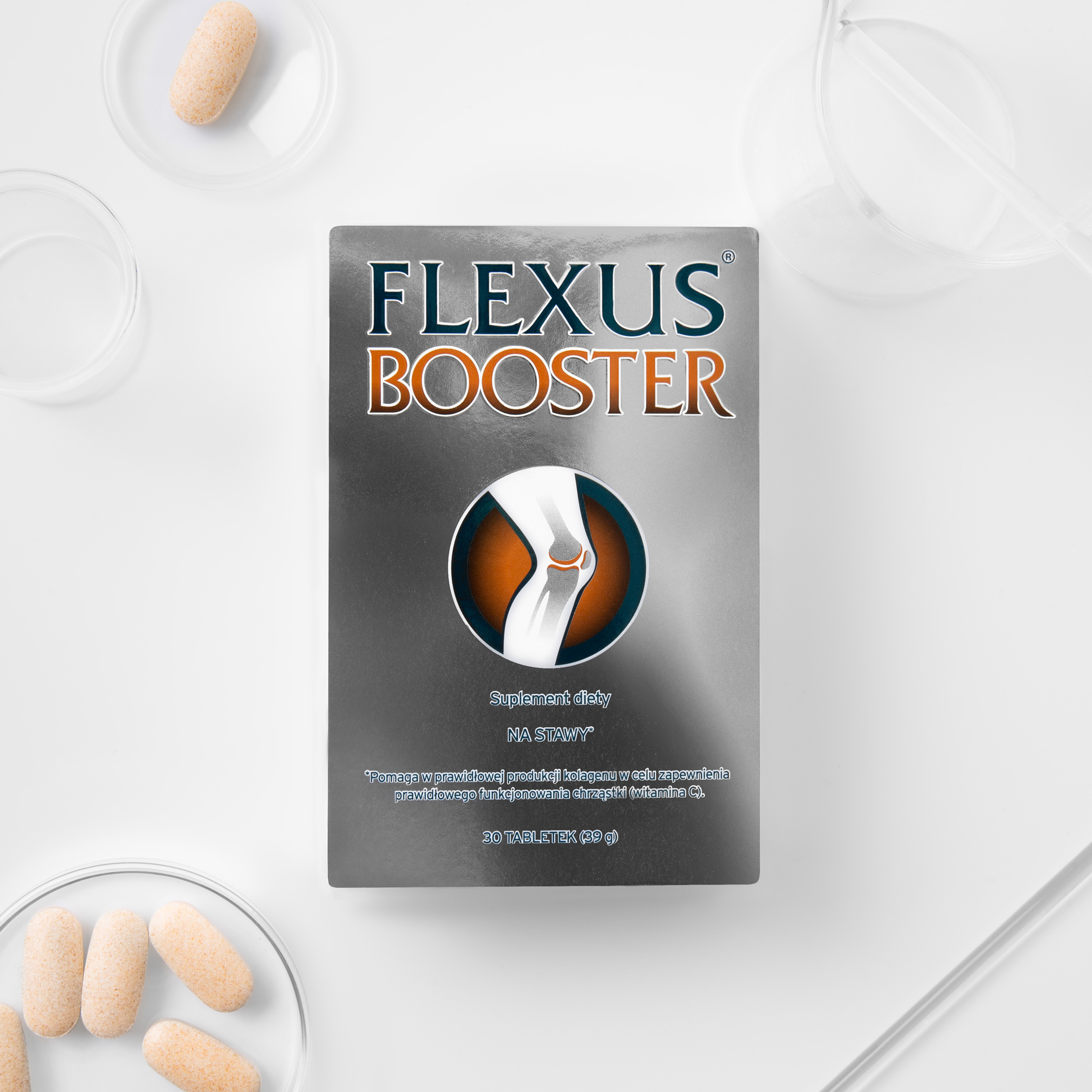 Flexus Booster – suplement diety na stawy w tabletkach. Zawiera kompleks BioCell Collagen, kwas hialuronowy i witaminę C wspomagającą produkcję kolagenu dla zdrowej chrząstki.